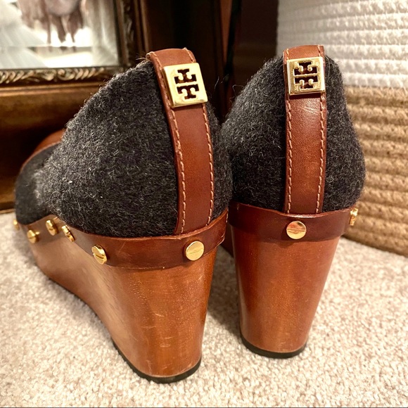 Tory Burch Wooden, Wool & Leather Platform Wedges - Picture 4 of 5